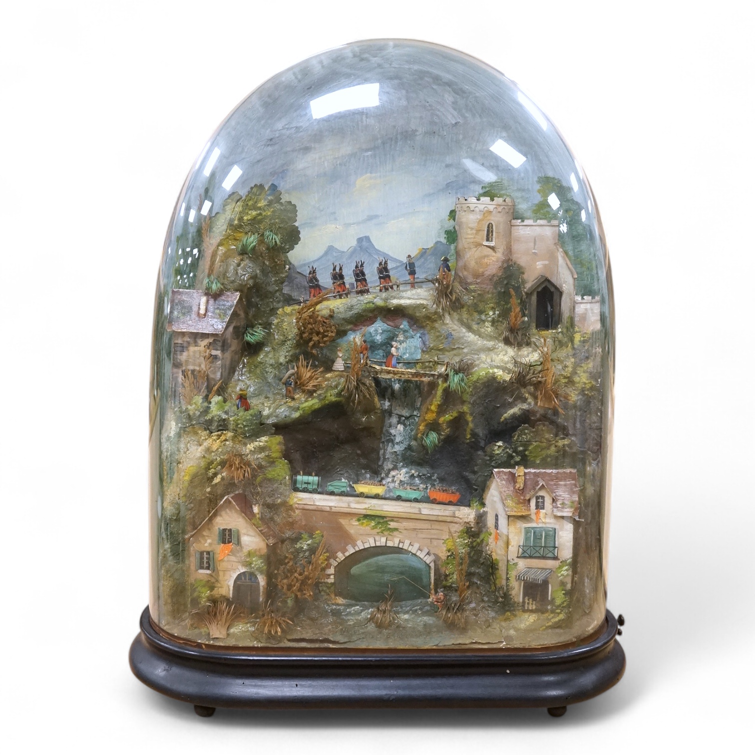 A late 19th century card and mixed media automaton diorama under a glass dome, clockwork movement now missing, 60cm